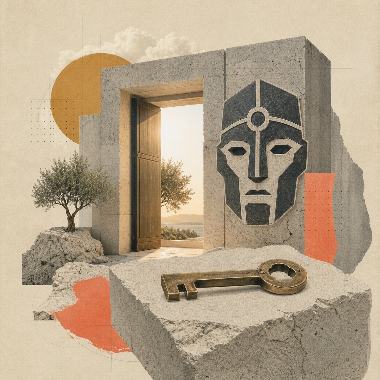 Porta aperta dell'officina di Efesto con una chiave bronzea