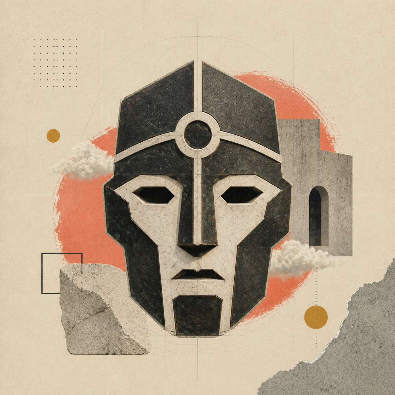 Maschera monumentale di Talos in un collage editoriale materico