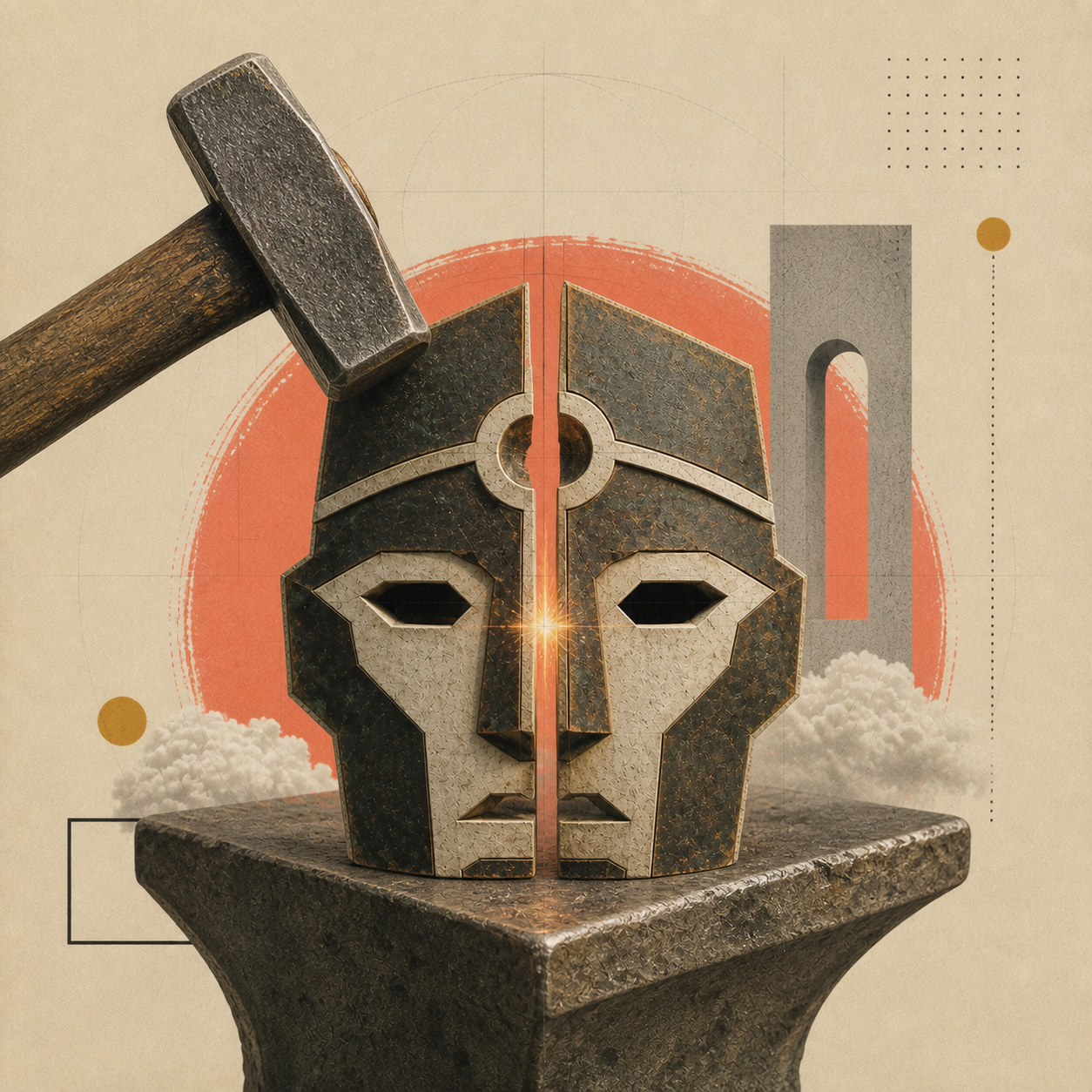 Le parti della maschera di Talos vengono assemblate sull'incudine